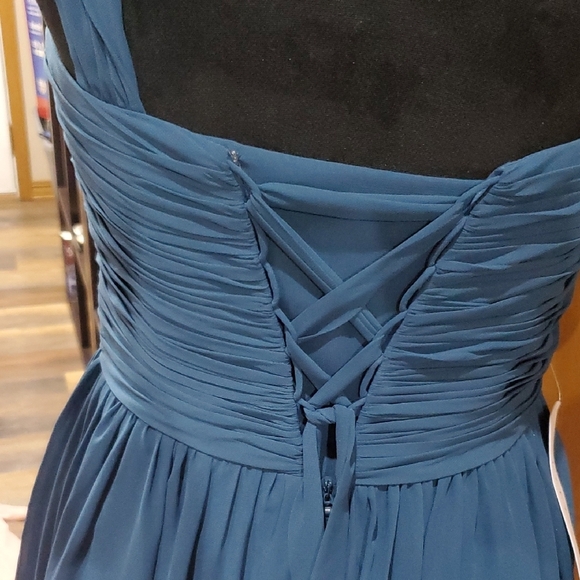 Azazie Angie Ink Blue Ruched V-Neck Midi Dress for Wedding Guest - Picture 5 of 7